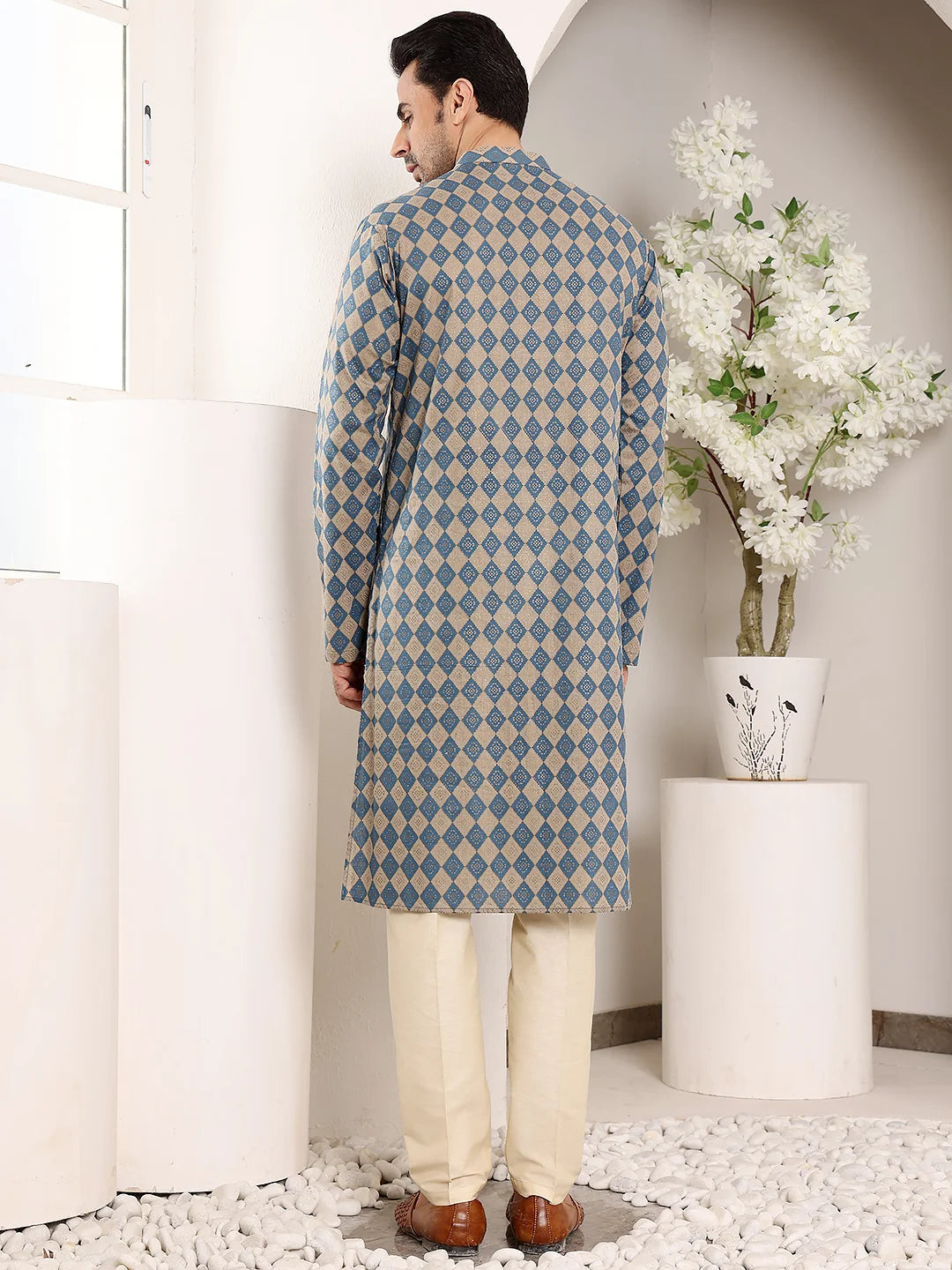 Men's Elegant Printed Blue and Cream Straight Cotton Kurta,Cream solid trouser style churidar