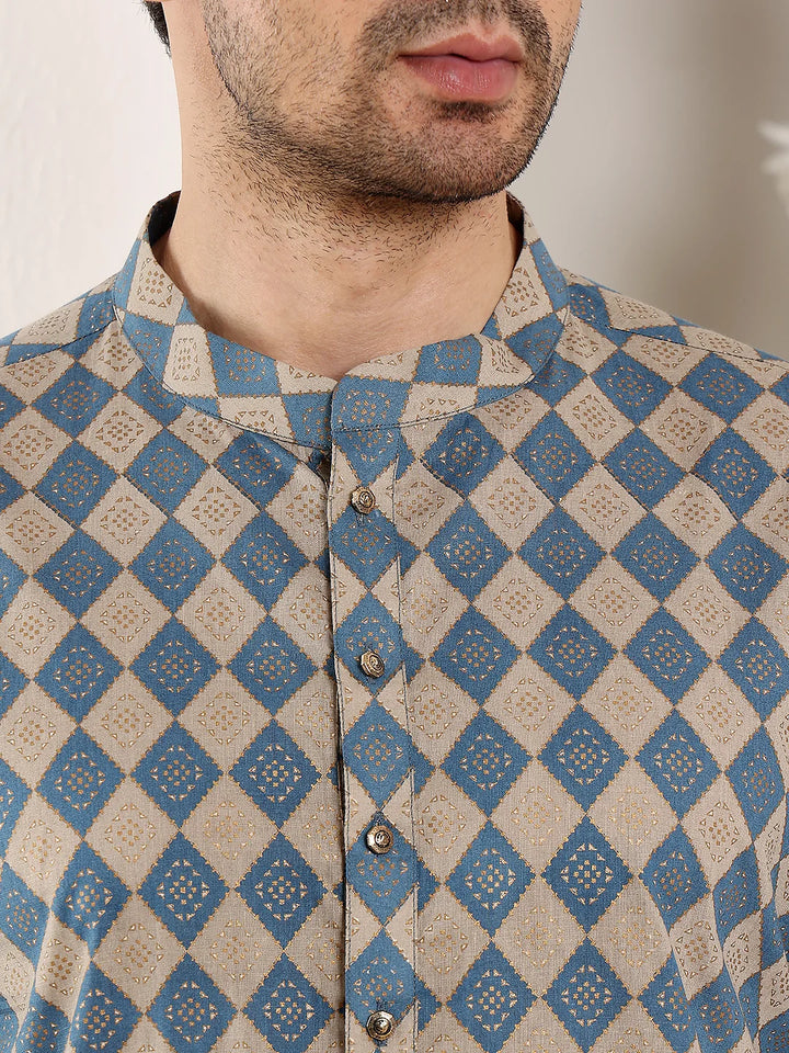 Men's Elegant Printed Blue and Cream Straight Cotton Kurta,Cream solid trouser style churidar