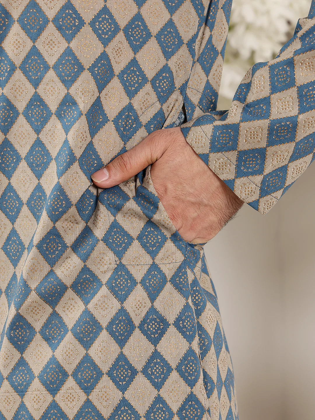 Men's Elegant Printed Blue and Cream Straight Cotton Kurta,Cream solid trouser style churidar