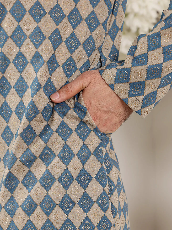 Men's Elegant Printed Blue and Cream Straight Cotton Kurta,Cream solid trouser style churidar