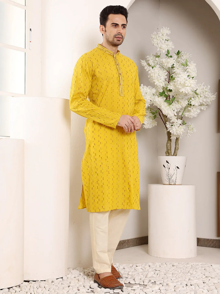 Men's Long Sleeve Mandarin Collar Straight Yellow Cotton Kurta with Thread Embroidery – Yellow,Beige