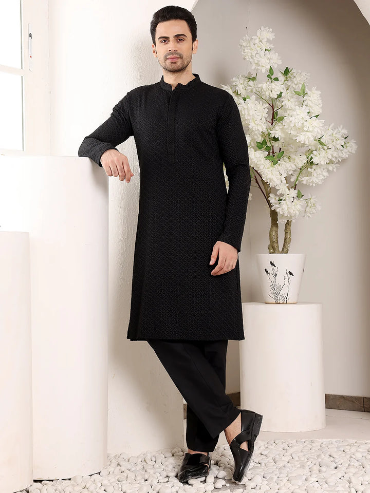 Men's Straight Classic Black Rayon Silk Chikankari Kurta,Black Solid Trouser Style churidar