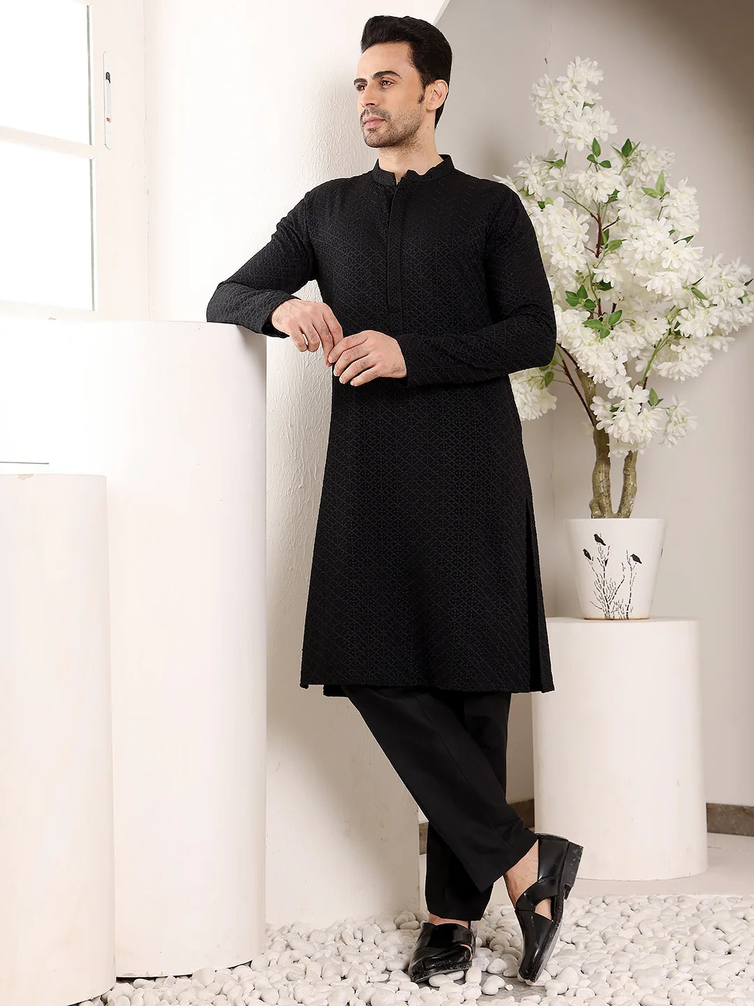 Men's Straight Classic Black Rayon Silk Chikankari Kurta,Black Solid Trouser Style churidar