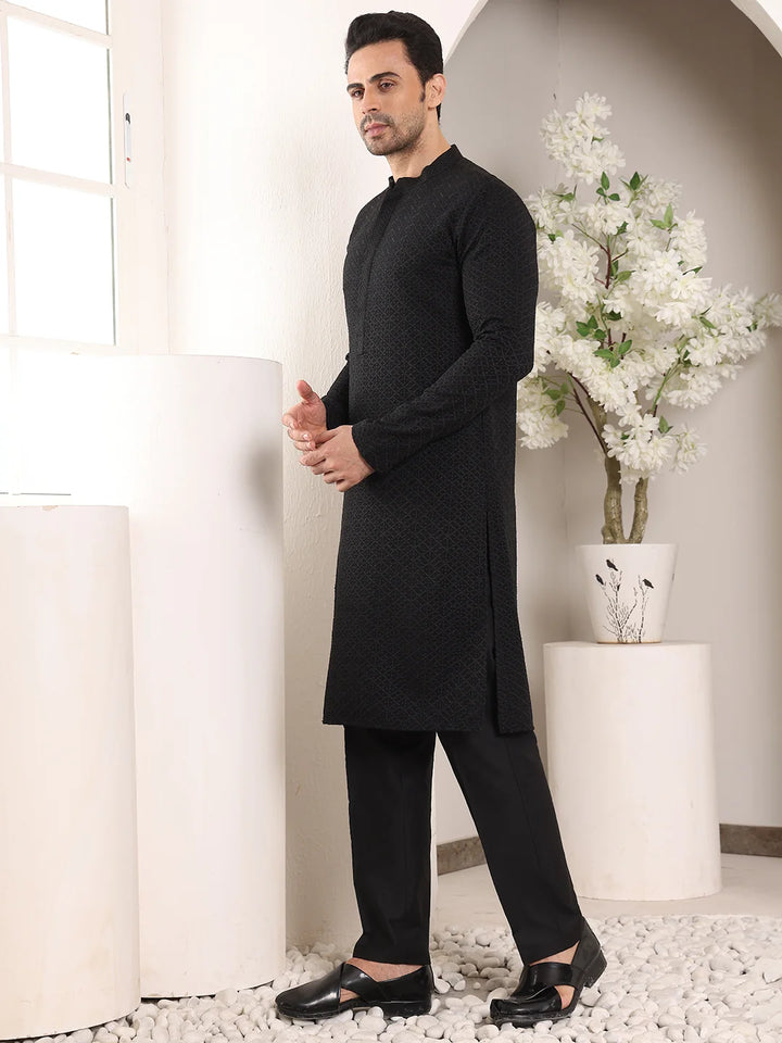 Men's Straight Classic Black Rayon Silk Chikankari Kurta,Black Solid Trouser Style churidar