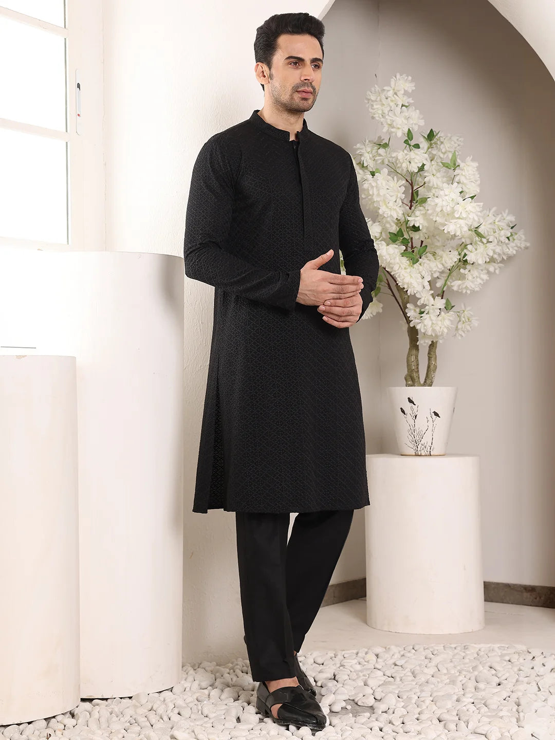Men's Straight Classic Black Rayon Silk Chikankari Kurta,Black Solid Trouser Style churidar
