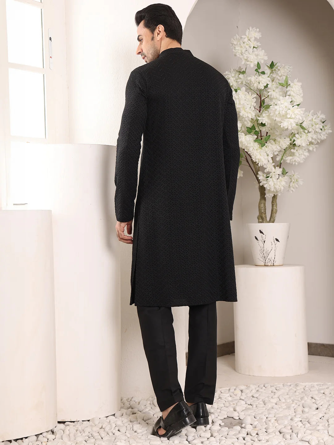 Men's Straight Classic Black Rayon Silk Chikankari Kurta,Black Solid Trouser Style churidar
