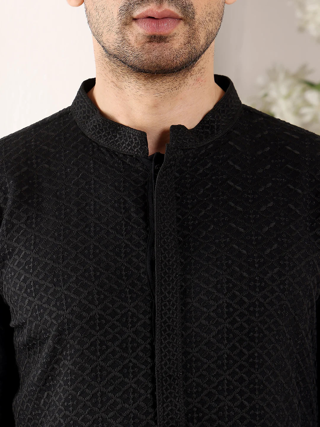 Men's Straight Classic Black Rayon Silk Chikankari Kurta,Black Solid Trouser Style churidar