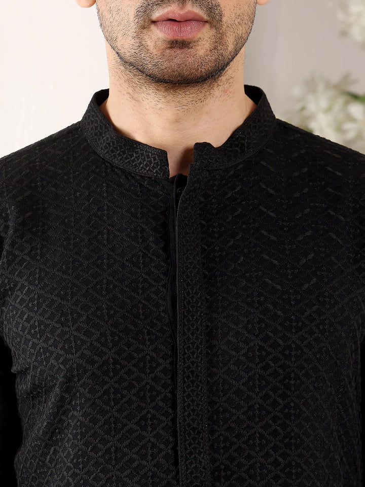 Men's Straight Classic Black Rayon Silk Chikankari Kurta,Black Solid Trouser Style churidar