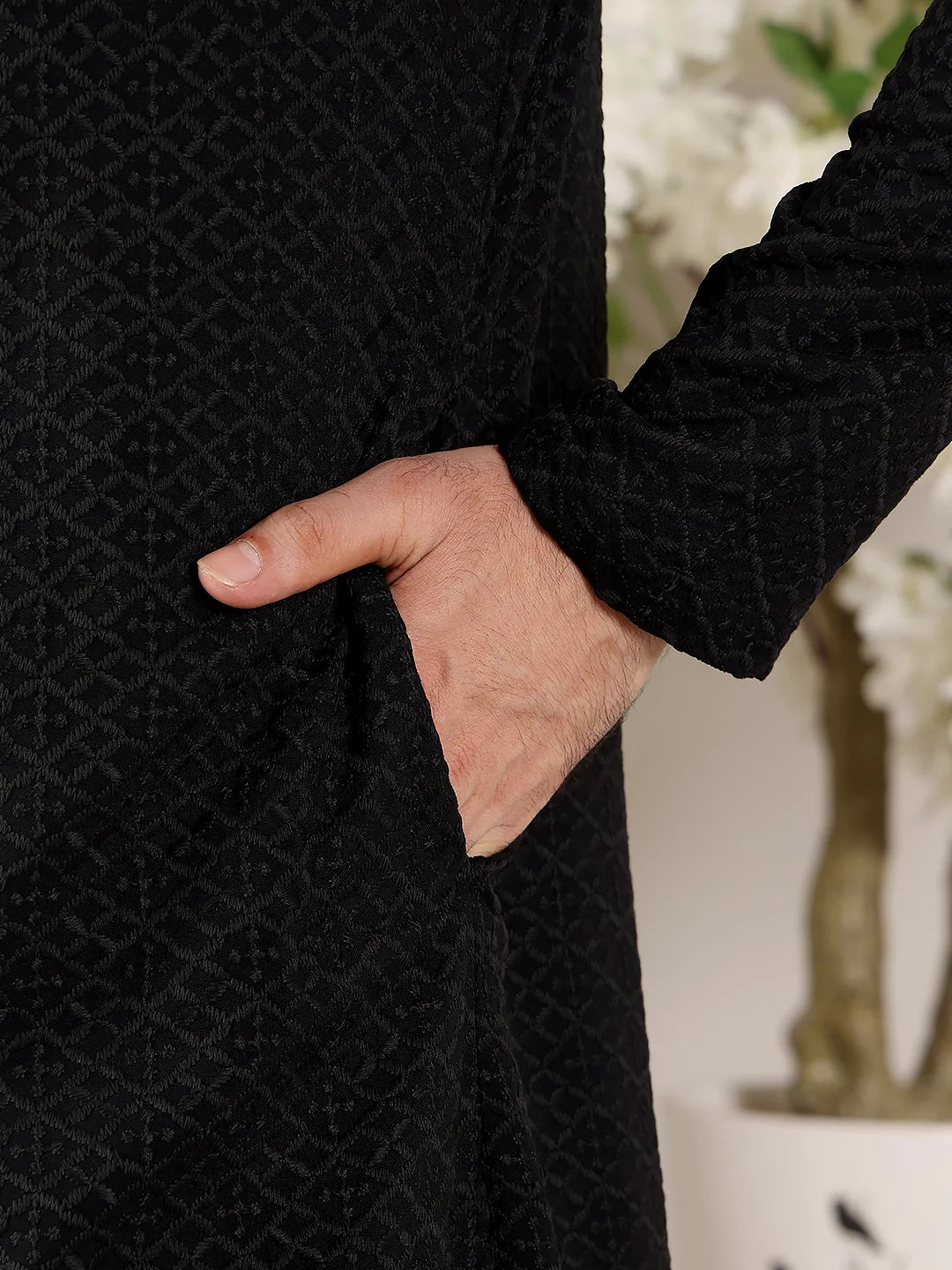 Men's Straight Classic Black Rayon Silk Chikankari Kurta,Black Solid Trouser Style churidar
