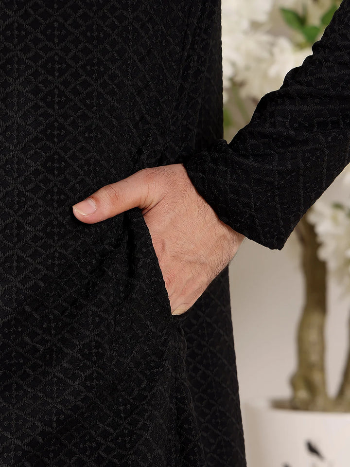 Men's Straight Classic Black Rayon Silk Chikankari Kurta,Black Solid Trouser Style churidar