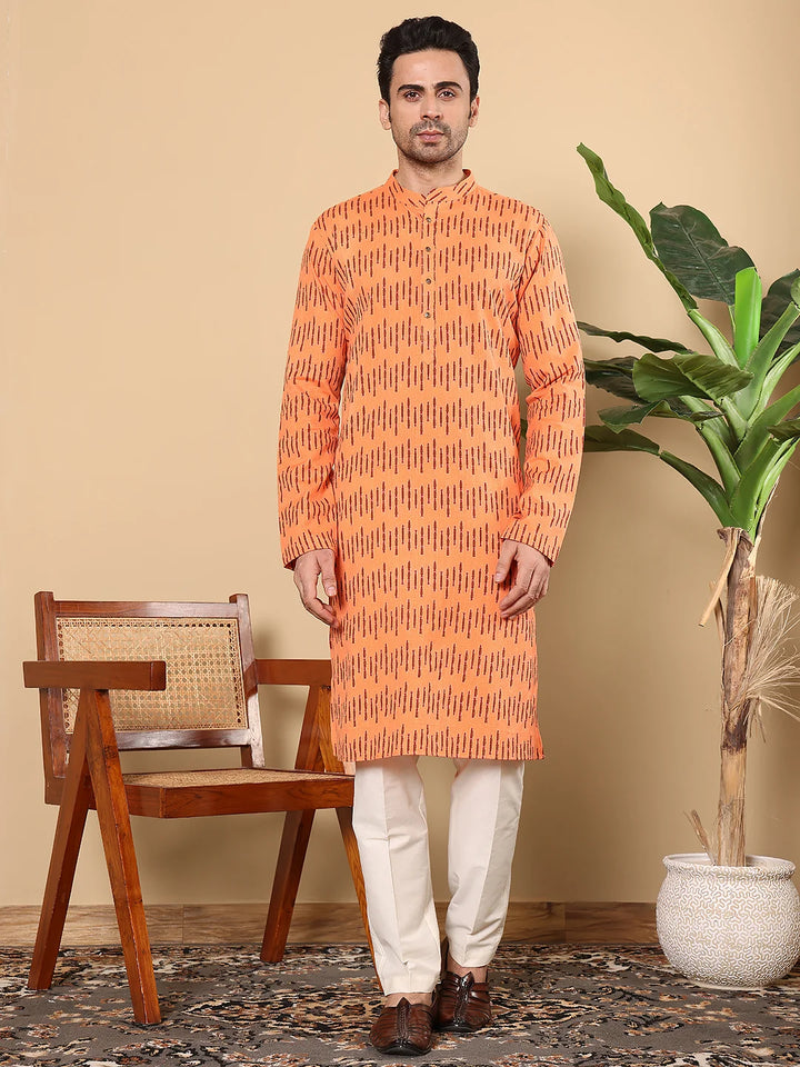 Men's Orange Straight Cotton Printed Kurta,Cream solid trouser style churidar
