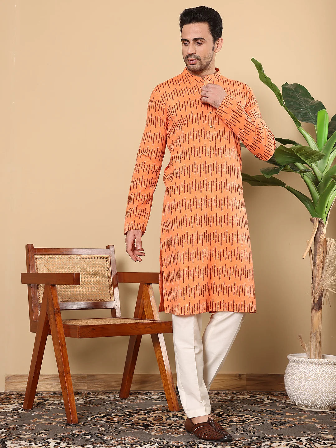 Men's Orange Straight Cotton Printed Kurta,Cream solid trouser style churidar