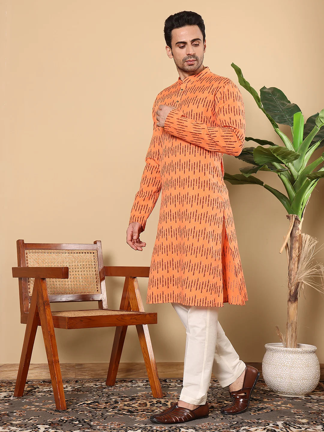 Men's Orange Straight Cotton Printed Kurta,Cream solid trouser style churidar