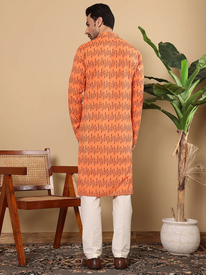 Men's Orange Straight Cotton Printed Kurta,Cream solid trouser style churidar