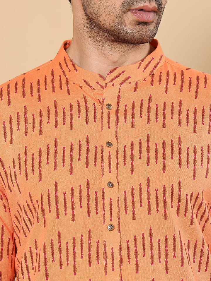 Men's Orange Straight Cotton Printed Kurta,Cream solid trouser style churidar