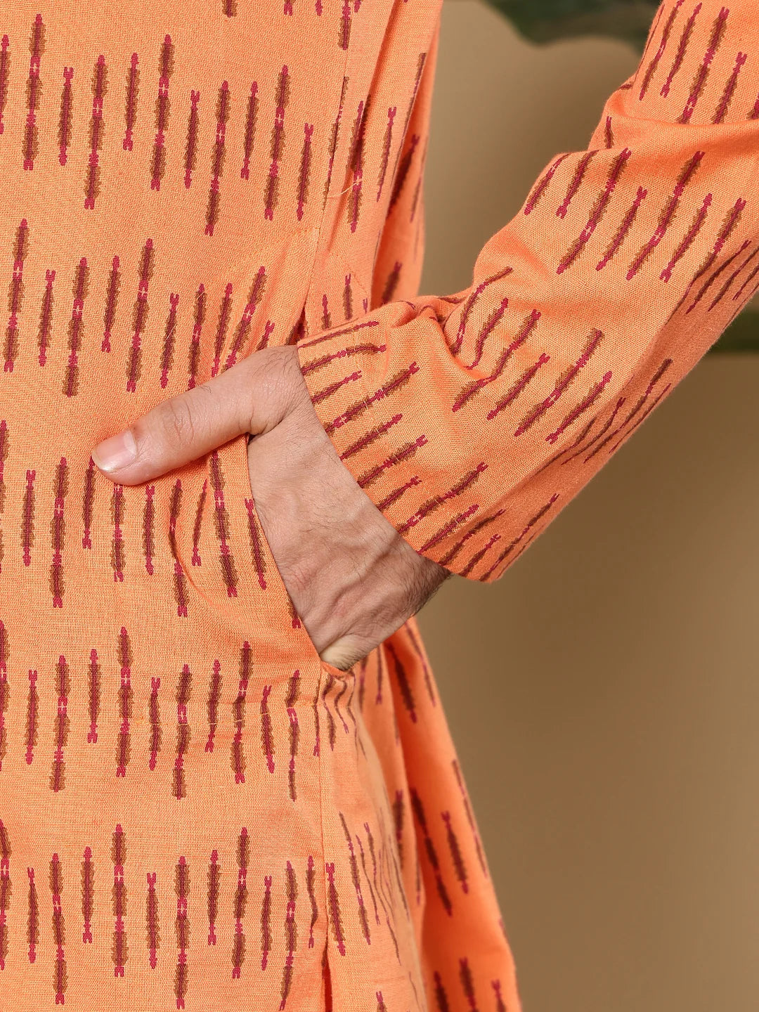 Men's Orange Straight Cotton Printed Kurta,Cream solid trouser style churidar