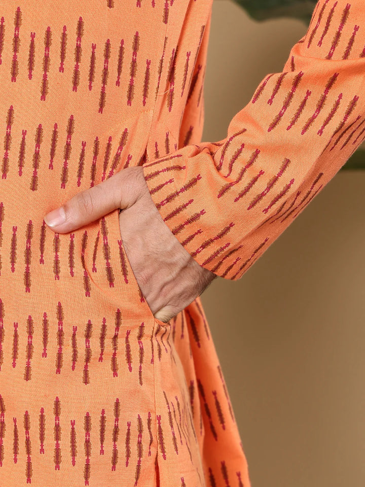 Men's Orange Straight Cotton Printed Kurta,Cream solid trouser style churidar