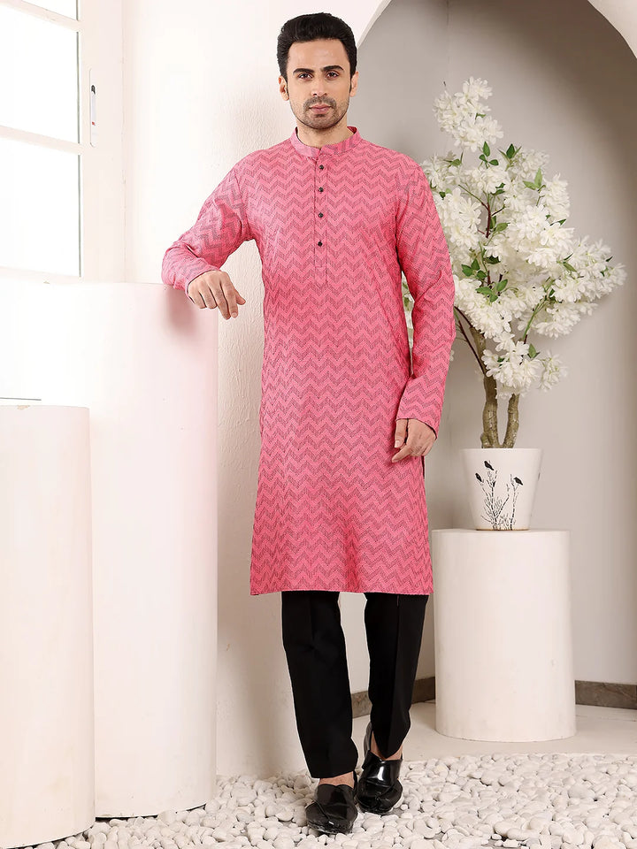 Men's Pink Straight Cotton Printed Kurta,Black solid trouser style churidar