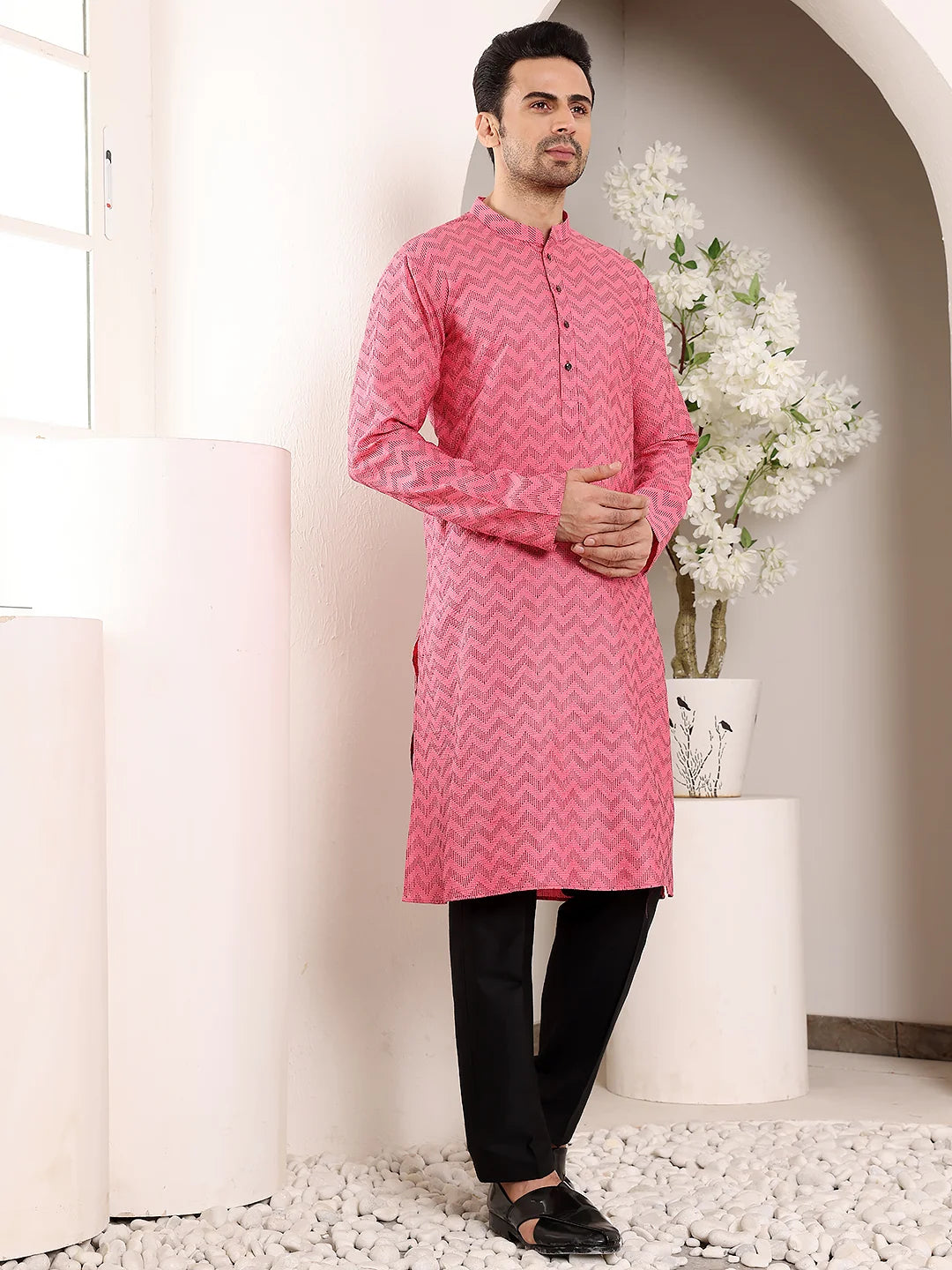 Men's Pink Straight Cotton Printed Kurta,Black solid trouser style churidar