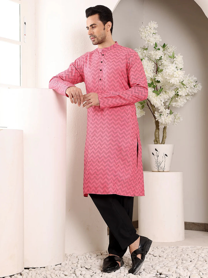 Men's Pink Straight Cotton Printed Kurta,Black solid trouser style churidar