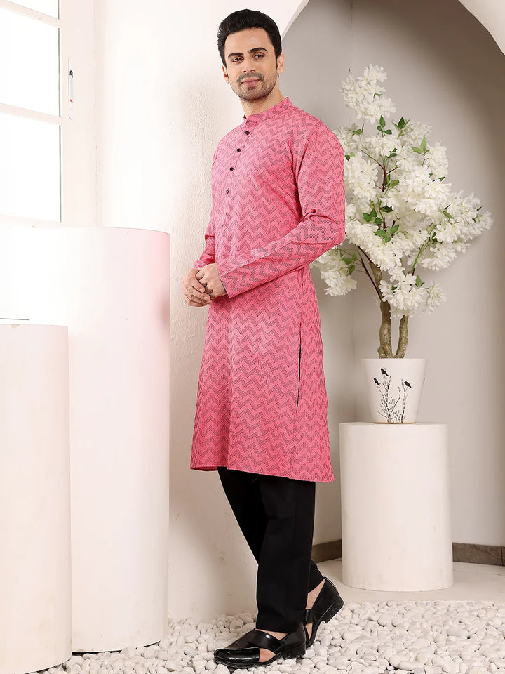 Men's Pink Straight Cotton Printed Kurta,Black solid trouser style churidar