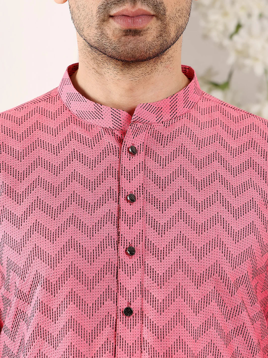 Men's Pink Straight Cotton Printed Kurta,Black solid trouser style churidar