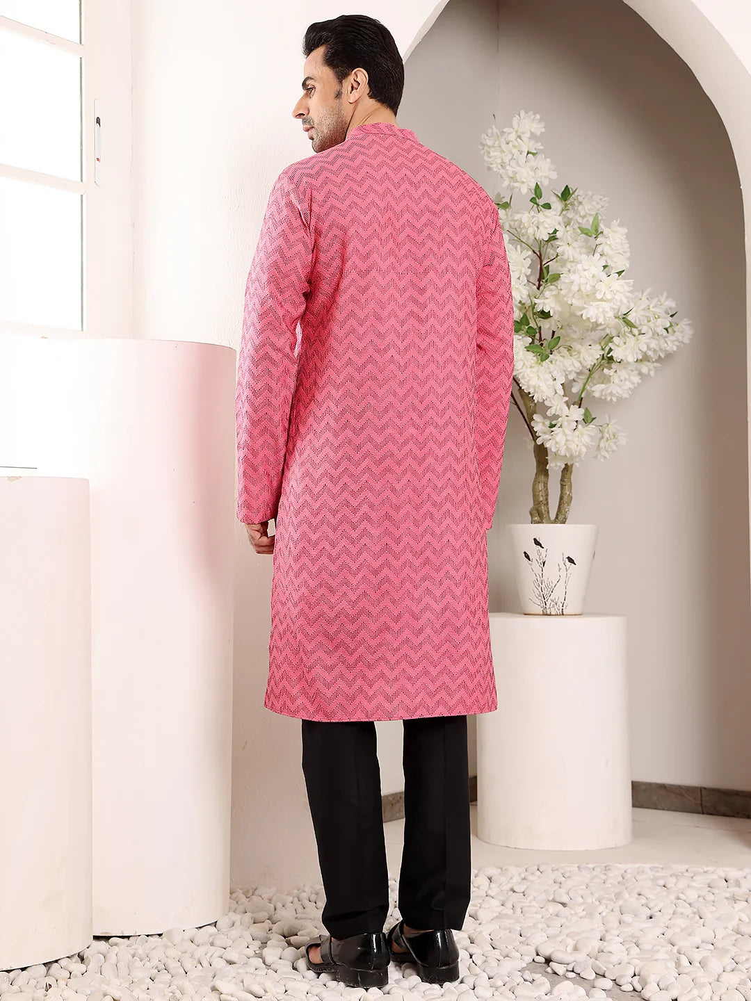 Men's Pink Straight Cotton Printed Kurta,Black solid trouser style churidar
