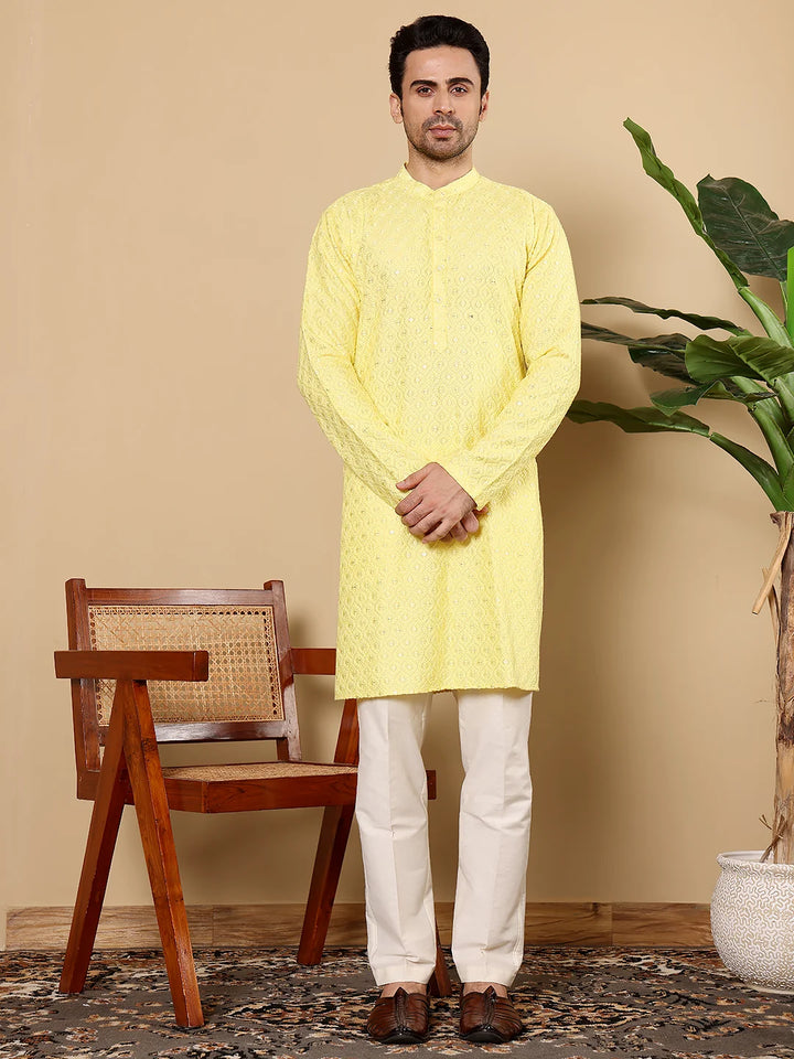Men's Rayon Silk Straight Classic Yellow Chikankari Kurta,Off White solid trouser style churidar