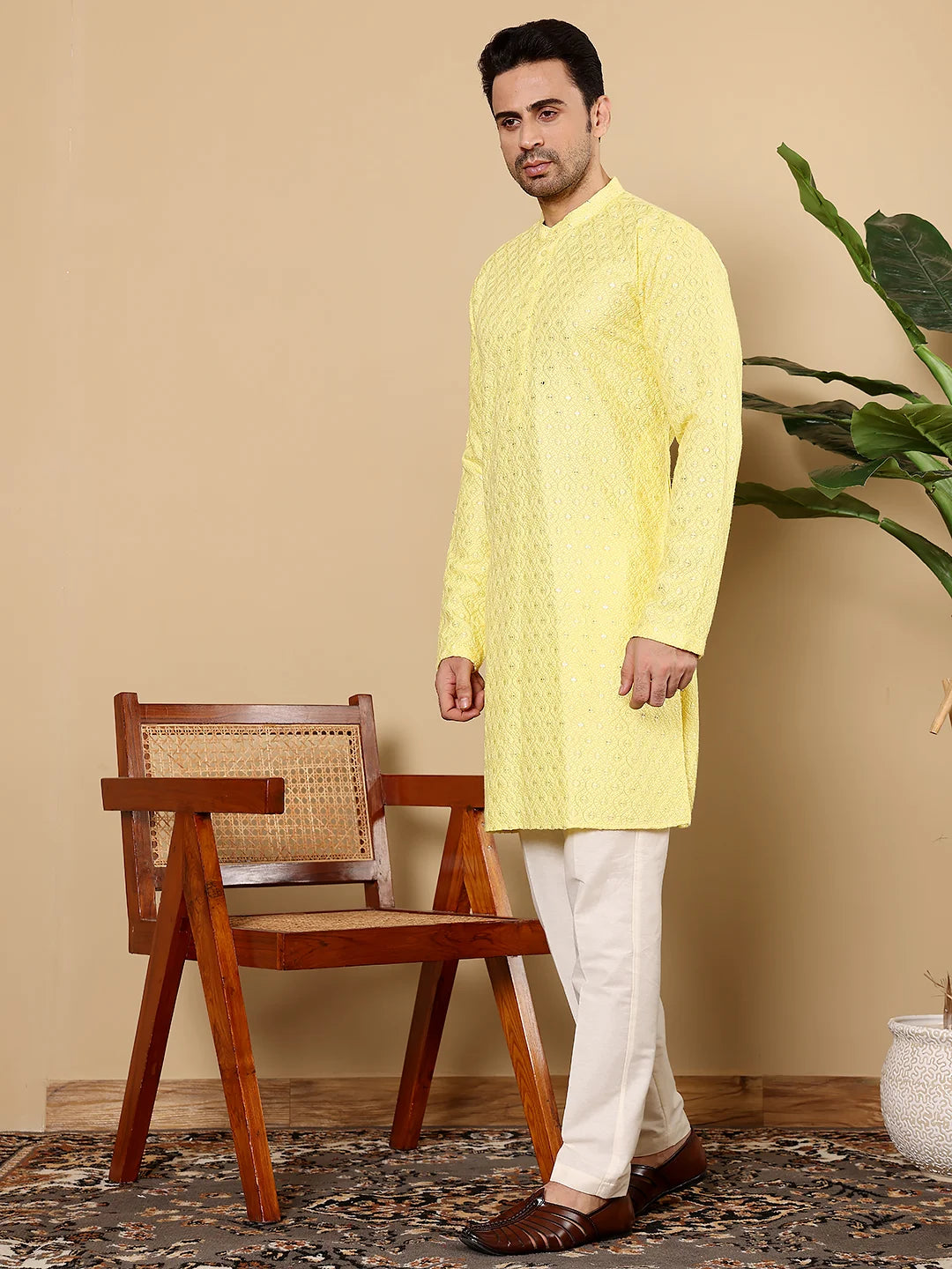 Men's Rayon Silk Straight Classic Yellow Chikankari Kurta,Off White solid trouser style churidar