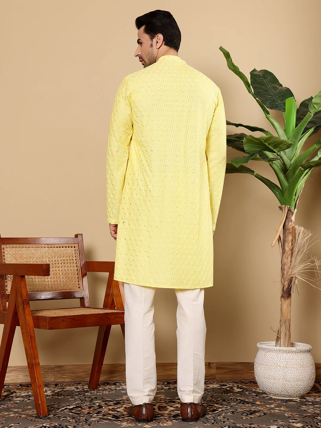 Men's Rayon Silk Straight Classic Yellow Chikankari Kurta,Off White solid trouser style churidar