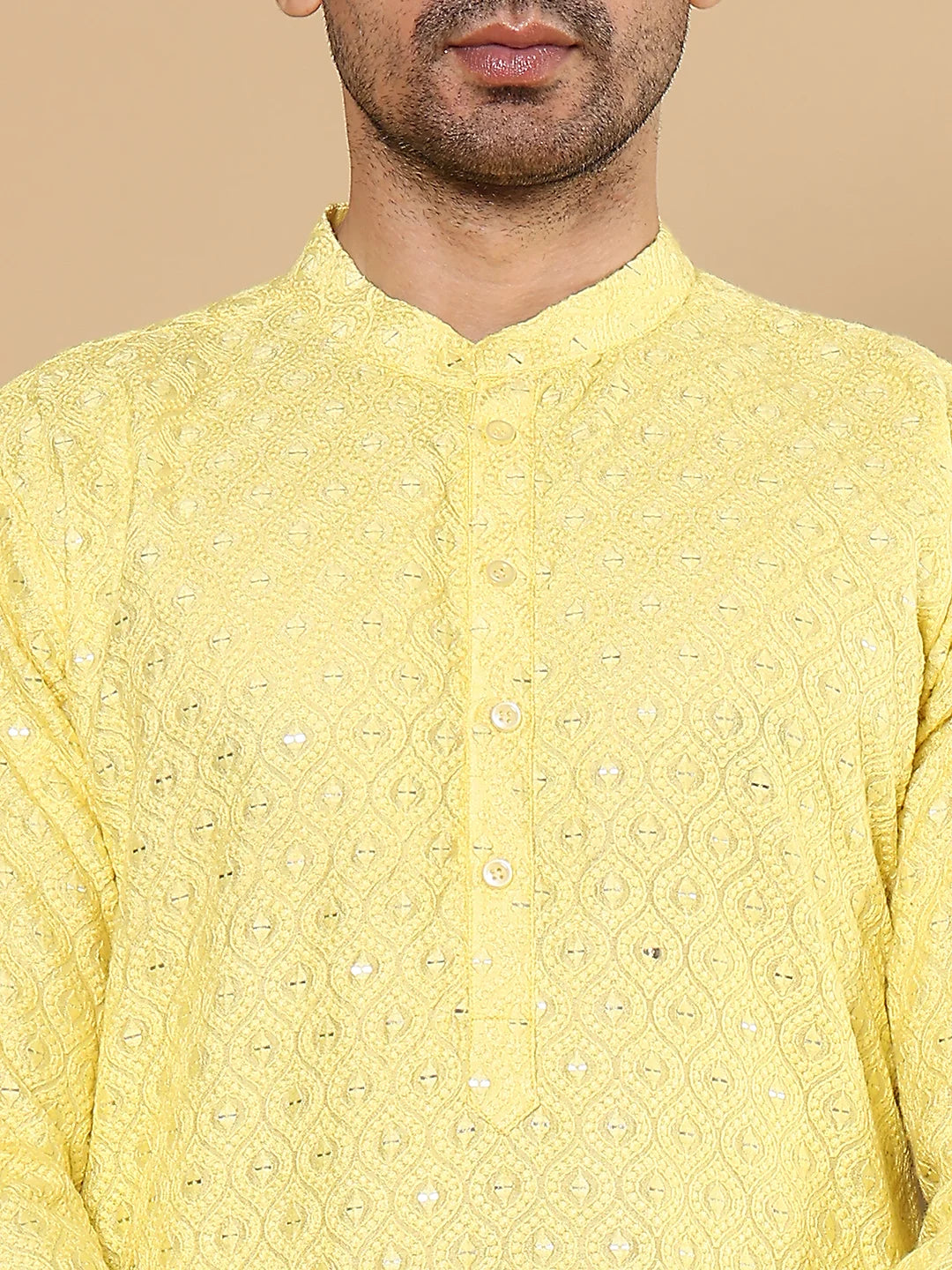 Men's Rayon Silk Straight Classic Yellow Chikankari Kurta,Off White solid trouser style churidar
