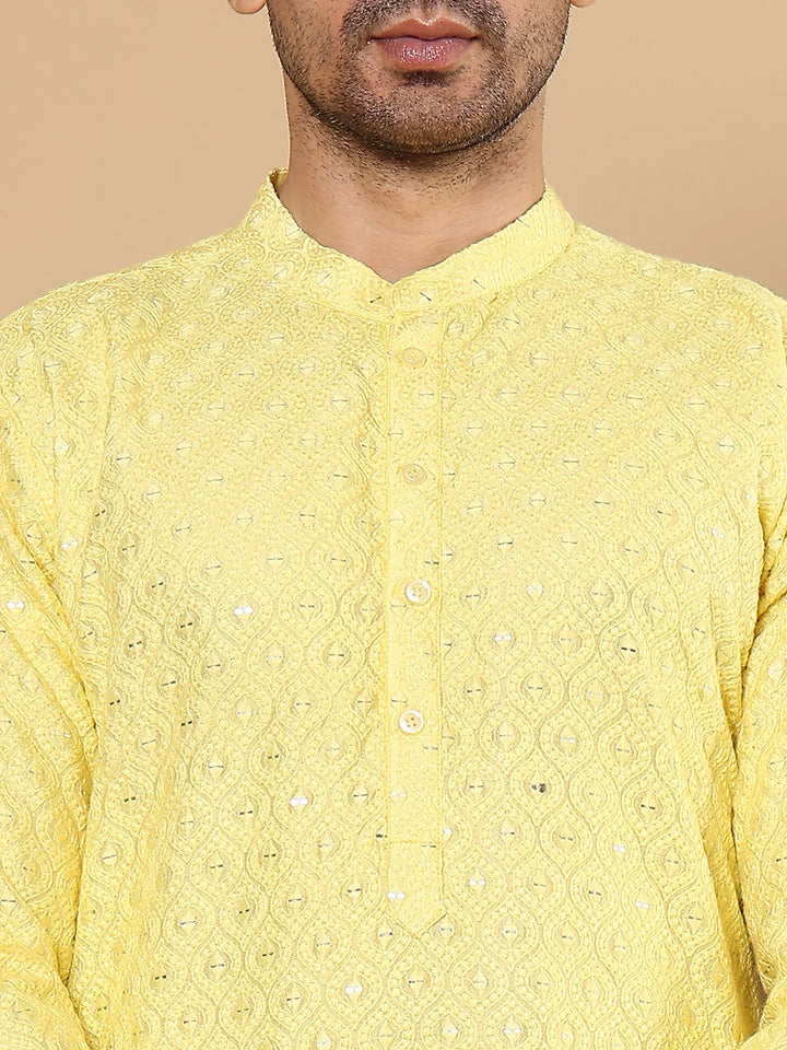 Men's Rayon Silk Straight Classic Yellow Chikankari Kurta,Off White solid trouser style churidar