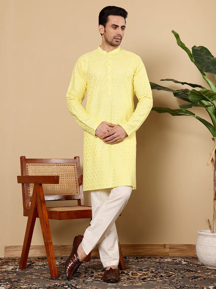 Men's Rayon Silk Straight Classic Yellow Chikankari Kurta,Off White solid trouser style churidar