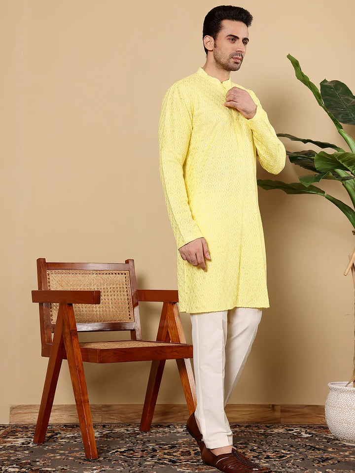 Men's Rayon Silk Straight Classic Yellow Chikankari Kurta,Off White solid trouser style churidar