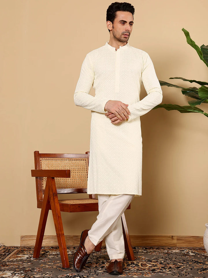 Men's Long Sleeve Mandarin Collar Rayon Silk Straight Classic White Chikankari Kurta