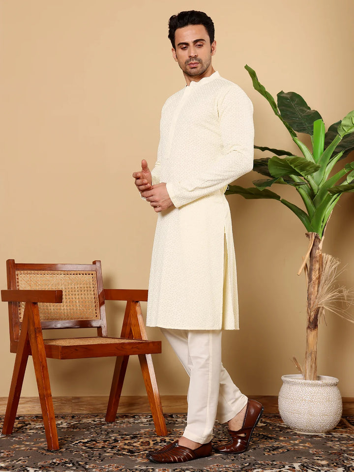 Men's Long Sleeve Mandarin Collar Rayon Silk Straight Classic White Chikankari Kurta