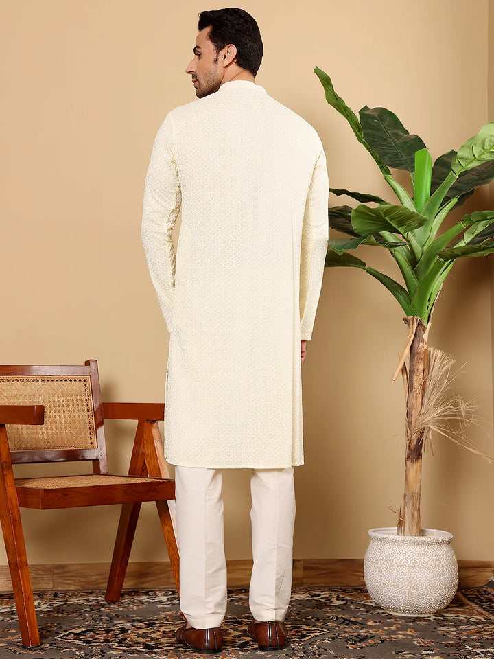 Men's Long Sleeve Mandarin Collar Rayon Silk Straight Classic White Chikankari Kurta
