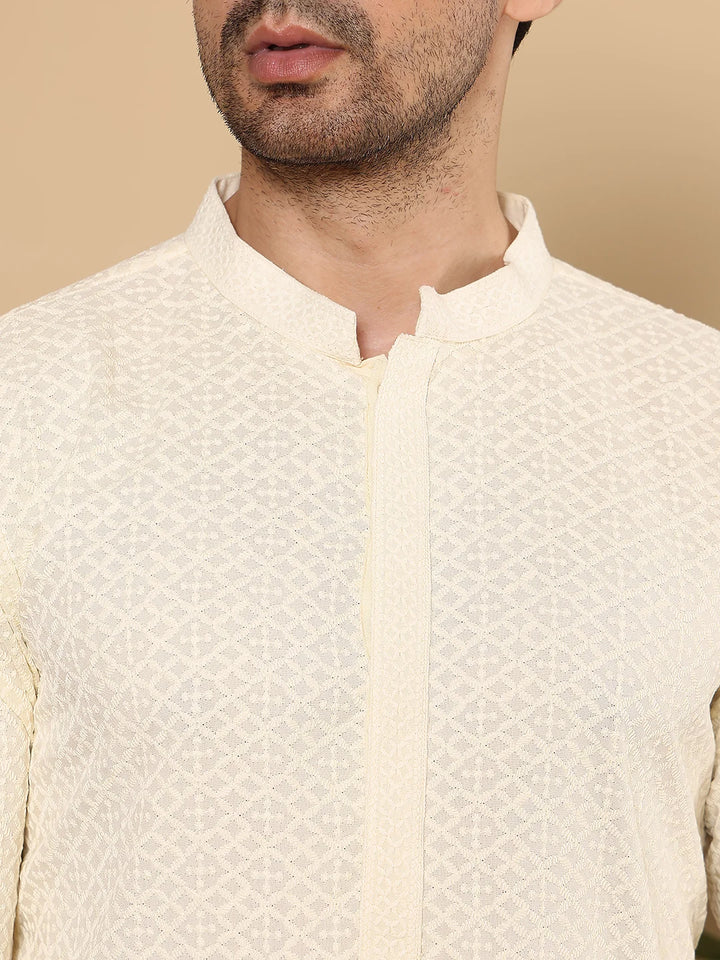 Men's Long Sleeve Mandarin Collar Rayon Silk Straight Classic White Chikankari Kurta