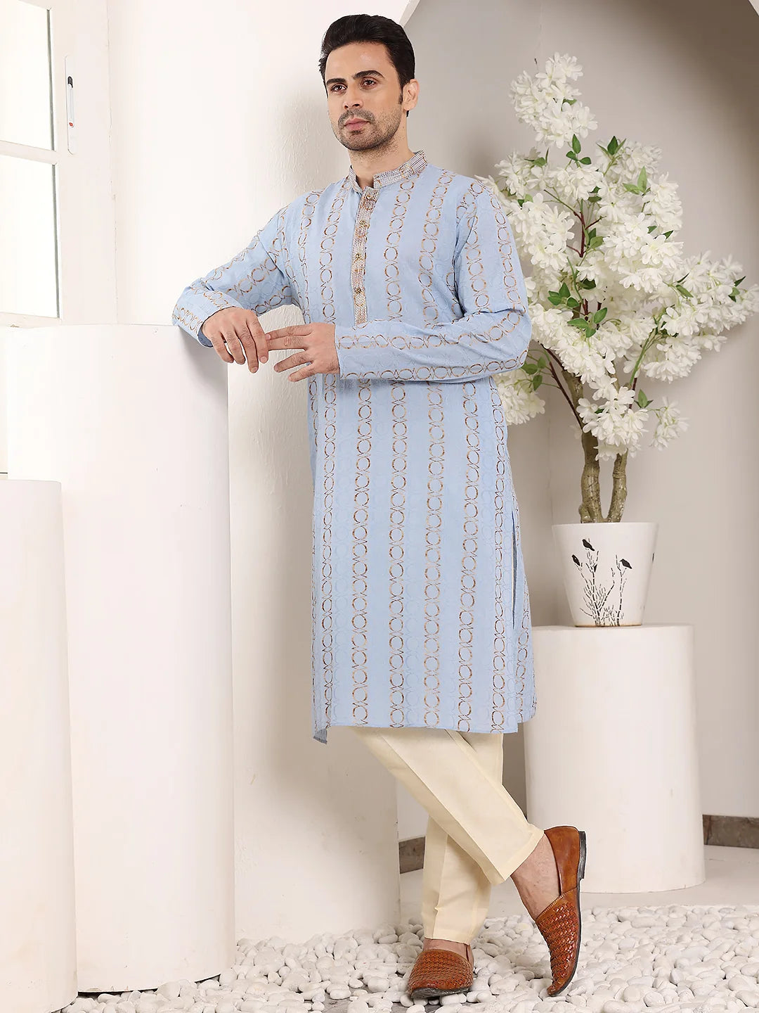 Men's Elegant Printed Blue Straight Cotton Kurta,Cream solid trouser style churidar