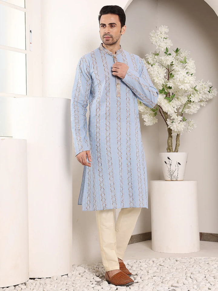Men's Elegant Printed Blue Straight Cotton Kurta,Cream solid trouser style churidar