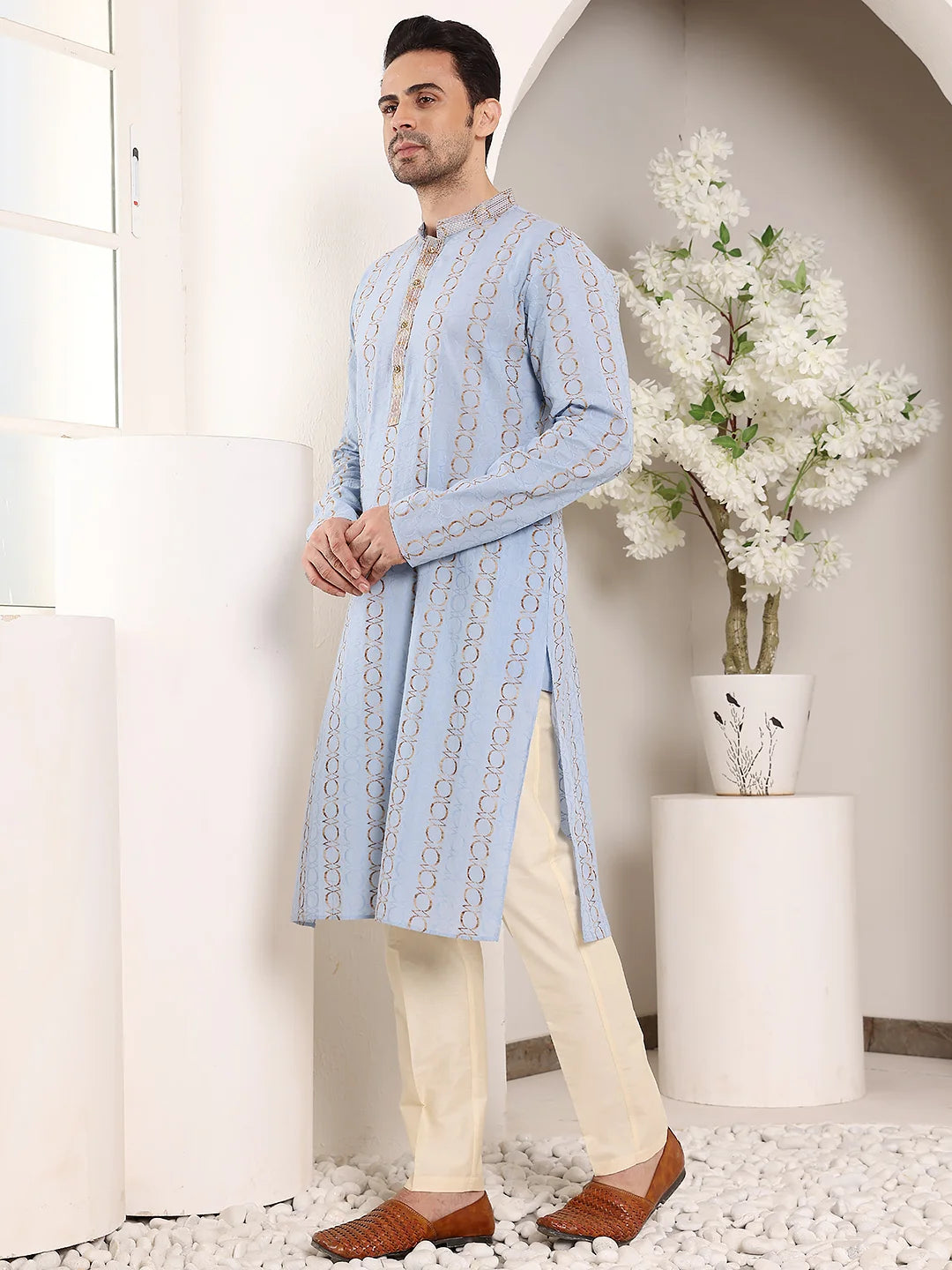 Men's Elegant Printed Blue Straight Cotton Kurta,Cream solid trouser style churidar