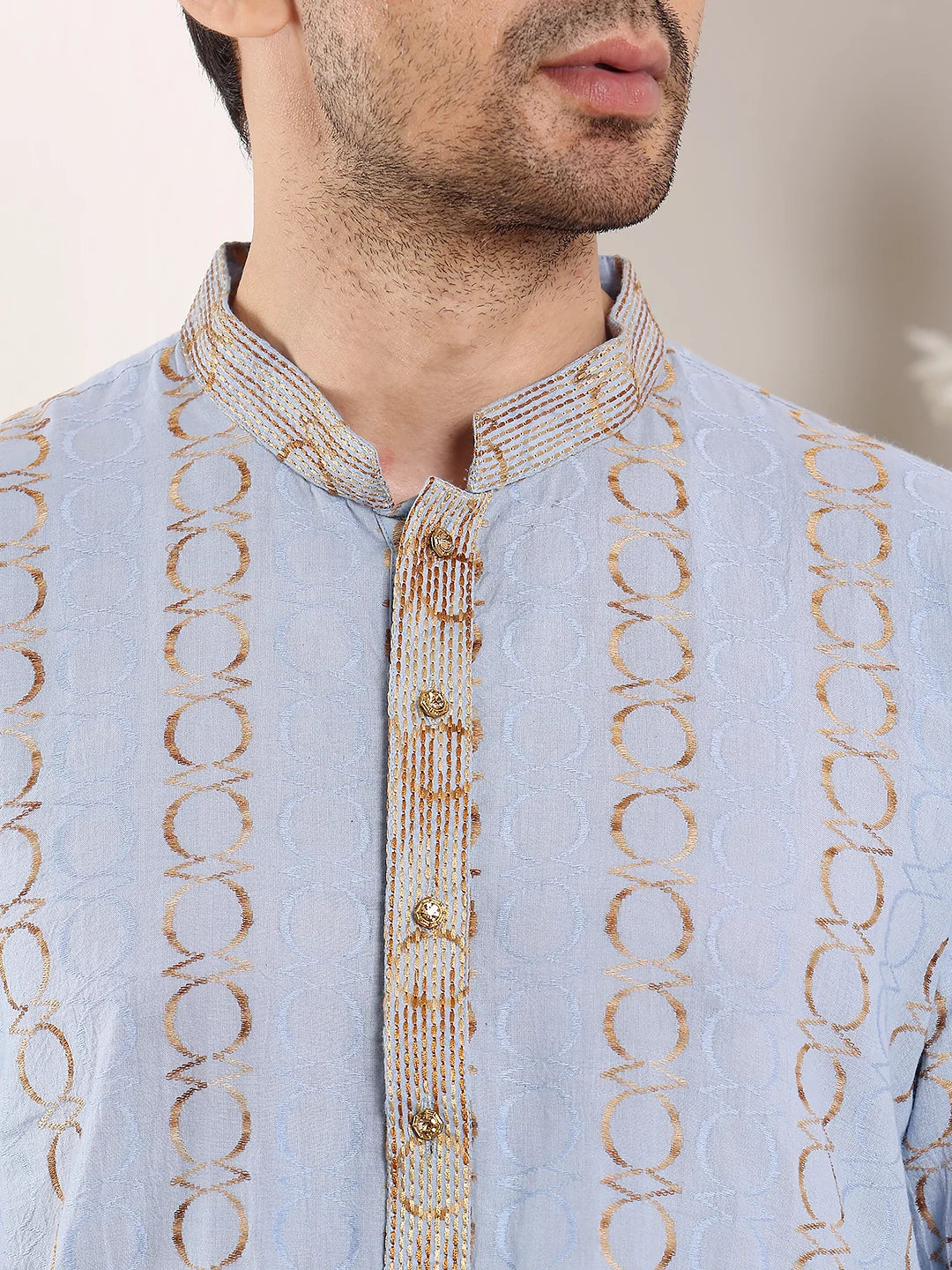 Men's Elegant Printed Blue Straight Cotton Kurta,Cream solid trouser style churidar