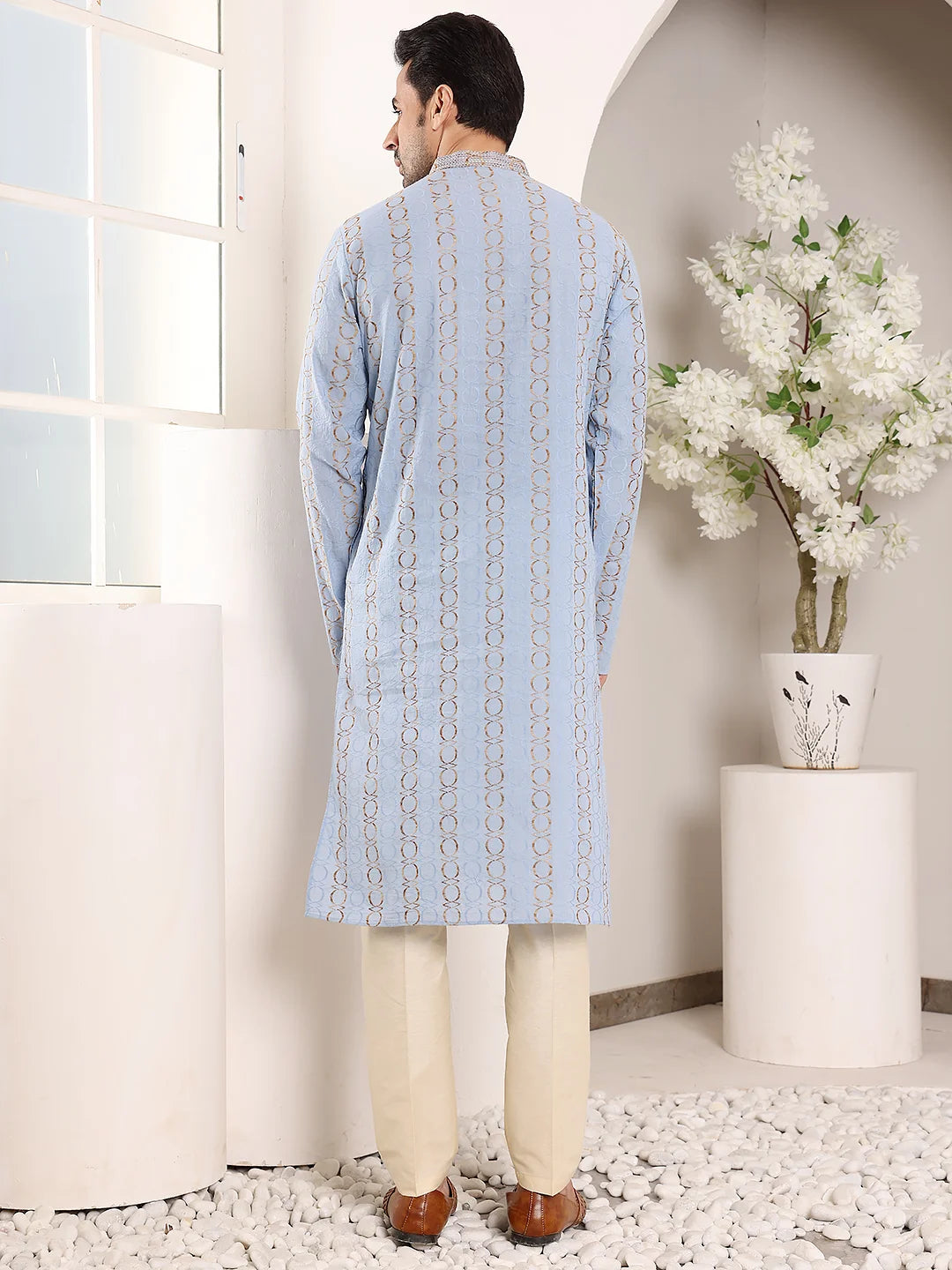 Men's Elegant Printed Blue Straight Cotton Kurta,Cream solid trouser style churidar