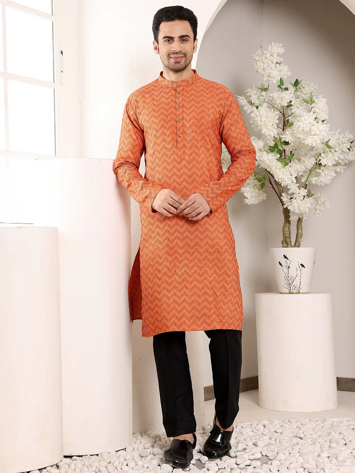Men's Elegant Orange Straight Cotton Kurta with Ikkat Print,Black solid trouser style churidar