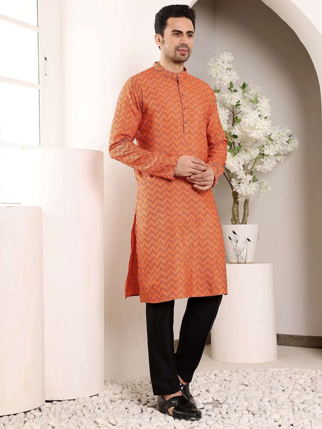 Men's Elegant Orange Straight Cotton Kurta with Ikkat Print,Black solid trouser style churidar