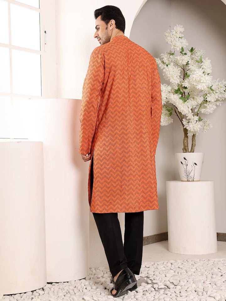 Men's Elegant Orange Straight Cotton Kurta with Ikkat Print,Black solid trouser style churidar