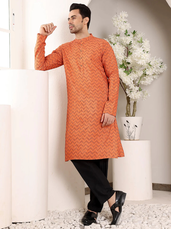 Men's Elegant Orange Straight Cotton Kurta with Ikkat Print,Black solid trouser style churidar