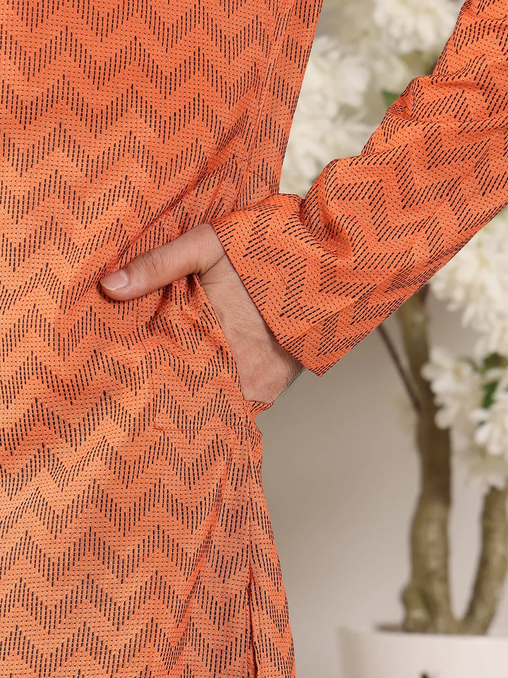 Men's Elegant Orange Straight Cotton Kurta with Ikkat Print,Black solid trouser style churidar