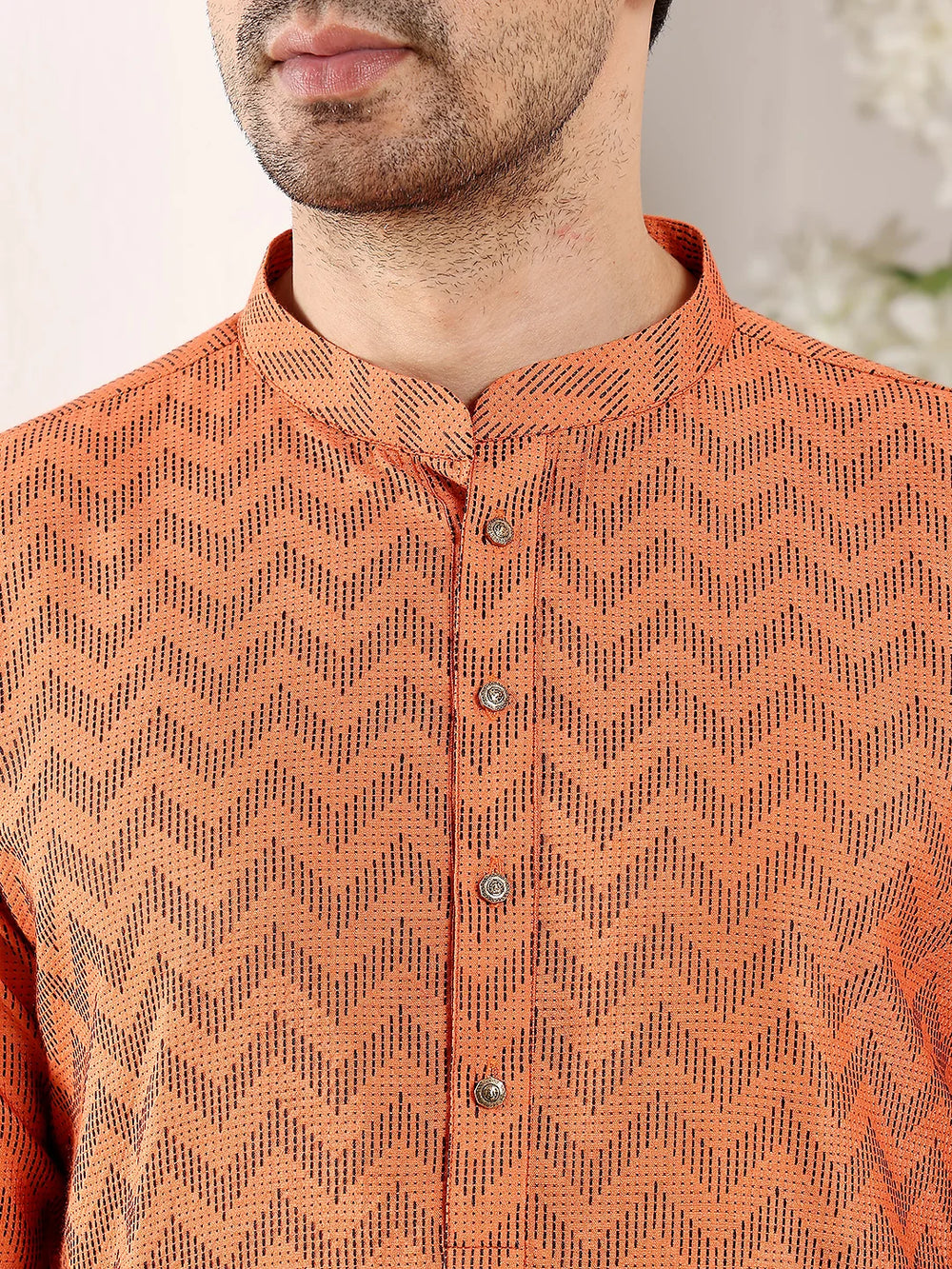 Men's Long Sleeve Mandarin Collar Elegant Orange Straight Cotton Kurta with Ikkat Print – Orange