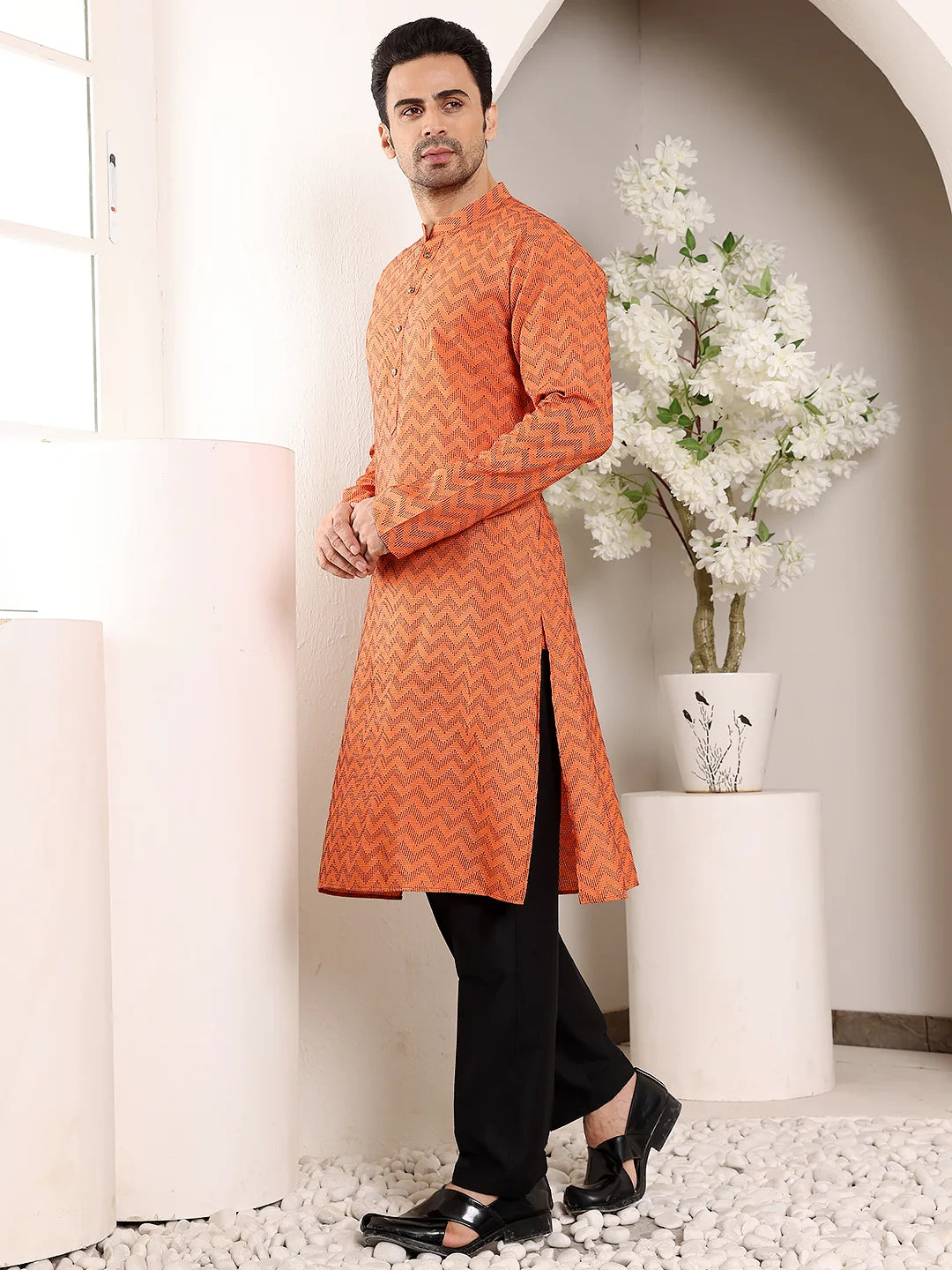 Men's Elegant Orange Straight Cotton Kurta with Ikkat Print,Black solid trouser style churidar